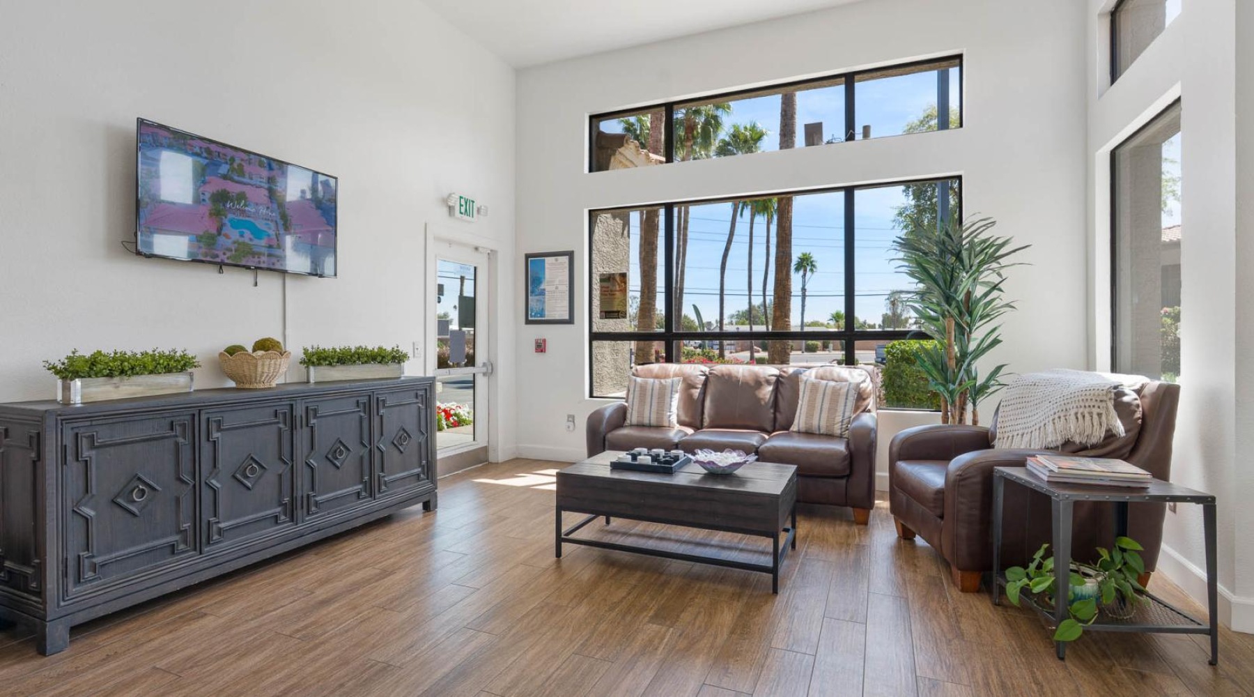 a living room with a large window