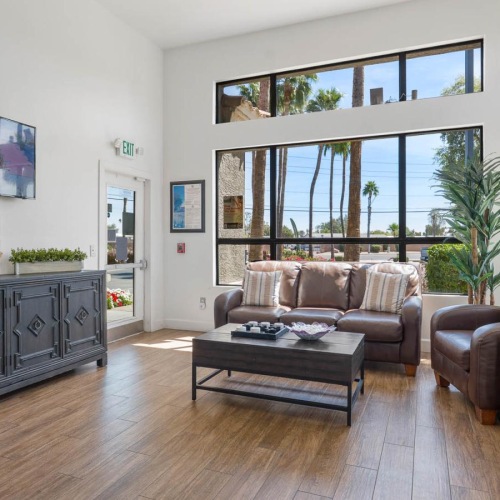 a living room with a large window